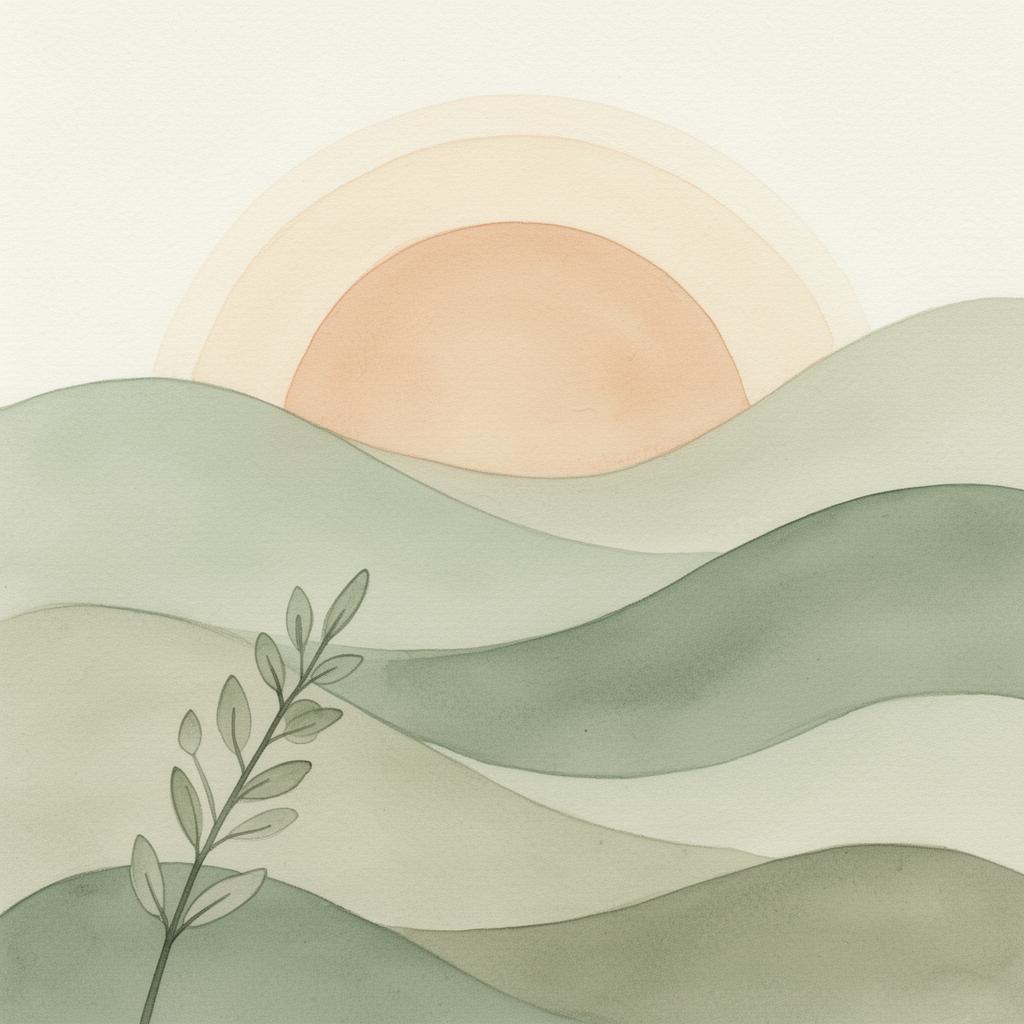 Soft watercolor illustration of a sunrise over gentle rolling hills with a botanical sprig